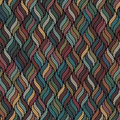 Seamless repeating pattern with multicolored wavy stripes in mosaic style. Retro style geometric design with vintage colors. Abstract striped texture. Vector illustration.