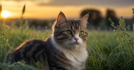 Obraz premium Gato rayado de ojos verdes sentado en un verde prado con pasto largo al atardecer