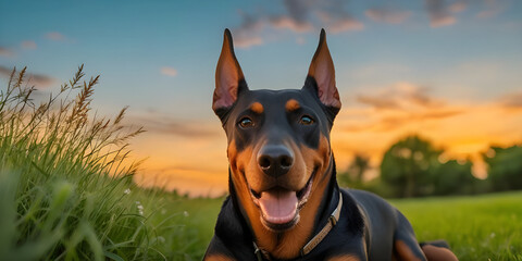 perro labrador de orejas largas con collar sonriendo y viendo a la camara en un prado verde al aire libre y un hermoso atardecer, copyspace - obrazy, fototapety, plakaty
