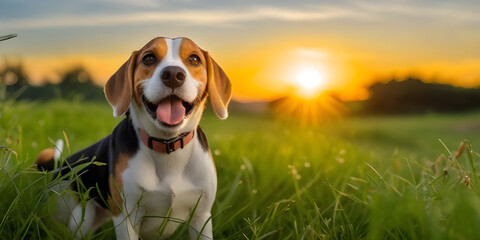 perro beagle de orejas largas con collar sonriendo y viendo a la camara en un prado verde al aire libre y un hermoso atardecer, copyspace