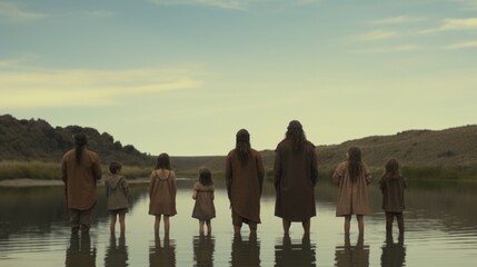 Primitive children and primitive adults stand in the water Ai generated art