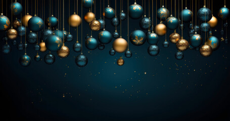 Midnight Adornments. A constellation of blue and gold Christmas ornaments cascade in a festive celestial display. - obrazy, fototapety, plakaty
