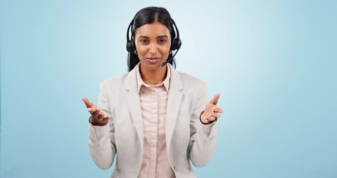 Happy woman, call center and face consulting in customer service or telemarketing against a blue studio background. Portrait of person or consultant agent with headphones in online advice on mockup