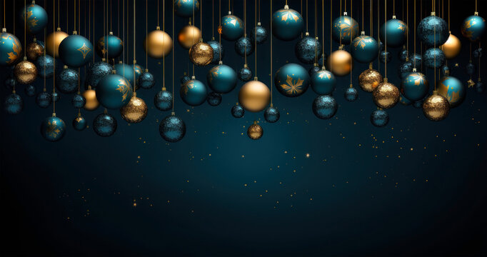 Midnight Adornments. A Constellation Of Blue And Gold Christmas Ornaments Cascade In A Festive Celestial Display.