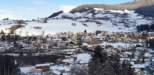 View from above the city Siusi in winter. Panorama.