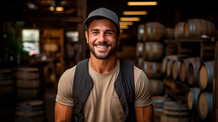 Poster A handsome young man against the background of a warehouse with wooden beer barrels. © Александр Марченко