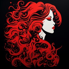 Psychedelic gorgeous red hair girl style silhouette illustration picture AI generated art