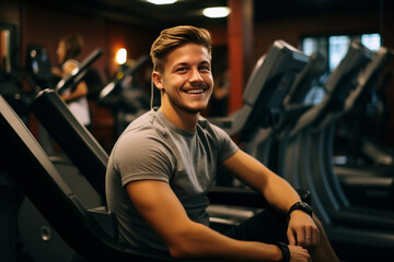 Fototapeta na wymiar Portrait of young smiling muscular man in gym. Healthy lifestyle. sport concept