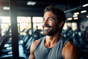 Fototapeta premium Portrait of young smiling muscular man in gym. Healthy lifestyle. sport concept