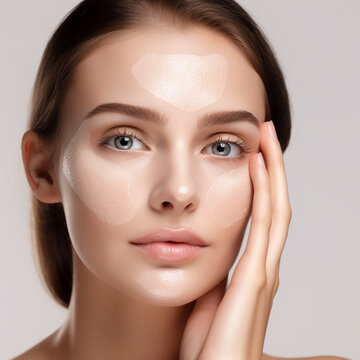 Studio Close-Up: Young Woman with Makeup Presenting the Vision of Cosmetology Treatment against a White Background. Woman Applies Fluid, Blush or Bronzer.