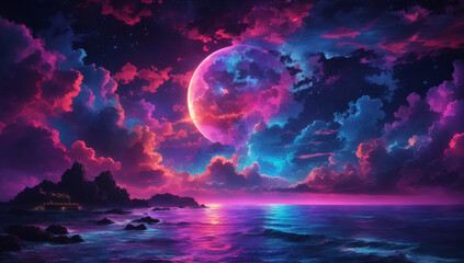 A nocturnal canvas comes to life with neon brilliance, casting a spellbinding glow on moonlit seas - AI Generative