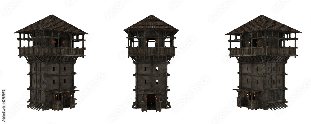 Poster Ancient medieval wooden tower building with balcony on the top floor. Isolated 3D rendering with 3 angles.