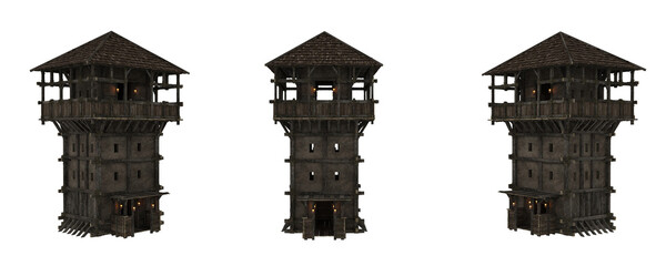 Ancient medieval wooden tower building with balcony on the top floor. Isolated 3D rendering with 3 angles.