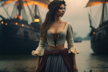Pirates of the Caribbean outfit, corsairs, cute girls robbers bandits, woman captain pirate captain, Victorian era, authentic outfit, folklore legend, sailors under sail sailing, outfits tricorne. - obrazy, fototapety, plakaty