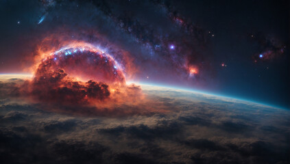 Panoramic view of a distant supernova remnant, expanding into the surrounding space - AI Generative