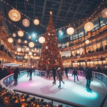 Ice skating rink near the shopping center. decorated for Christmas. In the evening