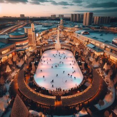 Fototapeta premium Ice skating rink near the shopping center. decorated for Christmas. In the evening