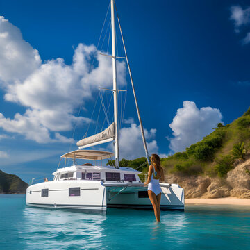 4k lagoon 380 catamaran with a woman