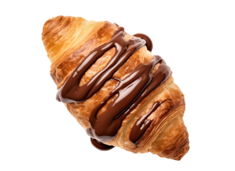 Fresh croissant with hot chocolate isolated on a transparent background, png.  Top view.