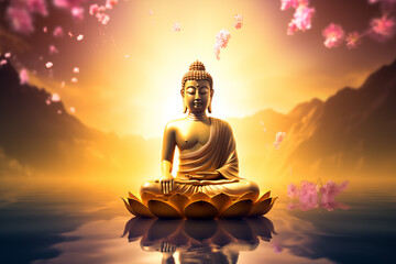 a statue of a buddha on a lotus flower - obrazy, fototapety, plakaty