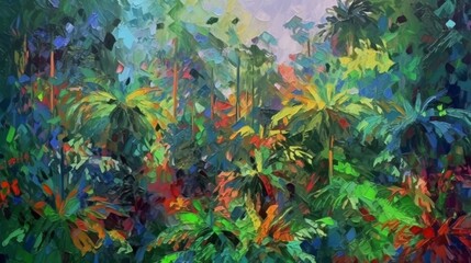 Fototapeta na wymiar Rainy colorful jungle rough texture impasto brush Ai generated art