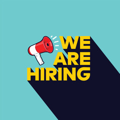 Employee Hiring recruitment open vacancy template design. We are hiring banner, poster, flyer. Join to team announcement lettering with megaphone vector illustration isolated on blue background. - obrazy, fototapety, plakaty