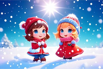 Two cheerful girls in winter enjoing the snow.