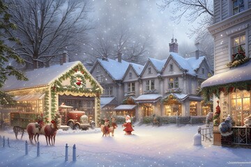 Illustration of Christmas village. A beautiful and magical winter city, straight out of a fairytale, with snow-covered rooftops. Happy new year. Winter landscape.