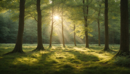 Fototapeta na wymiar Peaceful and secluded woodland glade, with dappled sunlight filtering through the trees - AI Generative