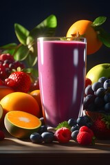 Fruit smoothie in a glass with fruits and berries on the background.