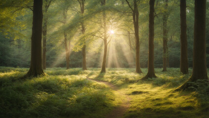 Peaceful and secluded woodland glade, with dappled sunlight filtering through the trees - AI Generative