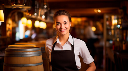 Fototapeta premium Young waitress in an apron smiling in a classic restaurant with wooden beer barrels.