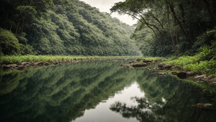 Fototapeta na wymiar Peaceful jungle river reflecting the lush surroundings like a mirror - AI Generative