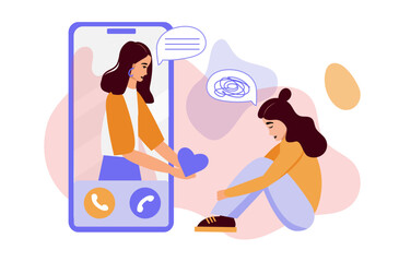 Online psychologist consultation. Doctor with heart and patient discussing problems, using smartphone for distance talk. Vector illustration for counselling, therapy, psychology, support concept.