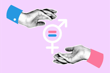 Equality gender symbol art collage with male and female hands showing equal sign. Parity, rights, equity, unity concept. Banner, poster with halftone modern retro cutout elements - obrazy, fototapety, plakaty