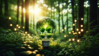 Light bulb with plant in nature - renewable energy source, sustainable development and responsible environmental ecology concept - obrazy, fototapety, plakaty