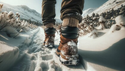 Active hiker on mountain trail: close-up of leather boots in motion, foot raised and planted on path covered with snow - obrazy, fototapety, plakaty