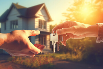 A person handing over the keys to a house to the new homeowner - obrazy, fototapety, plakaty