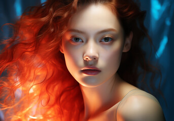 Sensuality and romanticism in a color gel portrait photography of a woman with long hair. AI generative