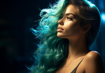 Naklejka premium Sensuality and romanticism in a color gel portrait photography of a woman with long hair. AI generative