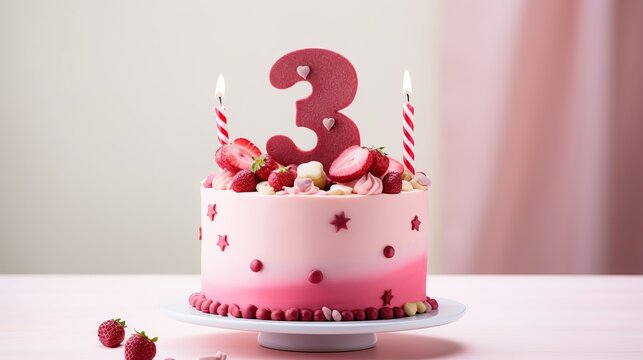 Adorable birthday cake design for girls, for third birthday with huge number 3. Pink color. Cake decorated with strawberries, candles, one level/ layer. Light pink background. Place for text, copy