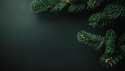 Trendy moody dark toned Christmas background featuring a close up of a green fir tree branch