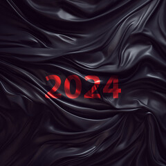 Red text of 2024 on a black background.  Red inscription of the new year 2024 on black fabric in waves. 