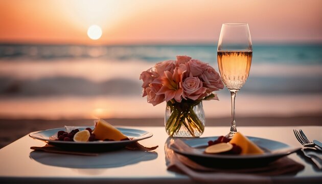 Pastel-colored luxury dinner setup with flowers and wine glasses - Beach view at sunset
