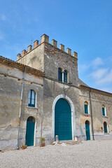 Beautiful view of the castle tower in the historic centre of Castellaro Lagusello, Monzambano, Lombardy, Italy.
