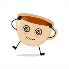 Cute dizzy cup of coffee character. Funny confused drink cartoon emoticon in flat style. closet vector illustration