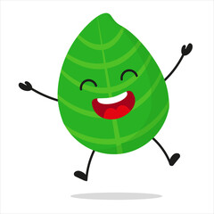 Cute happy basil character. Funny victory jump celebration ingredient cartoon emoticon in flat style. closet vector illustration