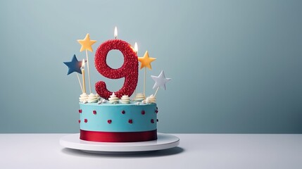 Cute birthday cake design for children with stars. Number nine for first birthday celebration. Blue, pink, white color. For boys girls. Great greeting card, invitation design, template. Ninth birthday