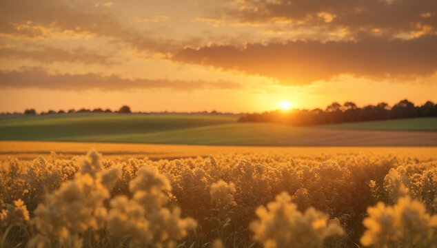 Realistic photographic image of a tranquil field during a beautiful sunset - AI Generative