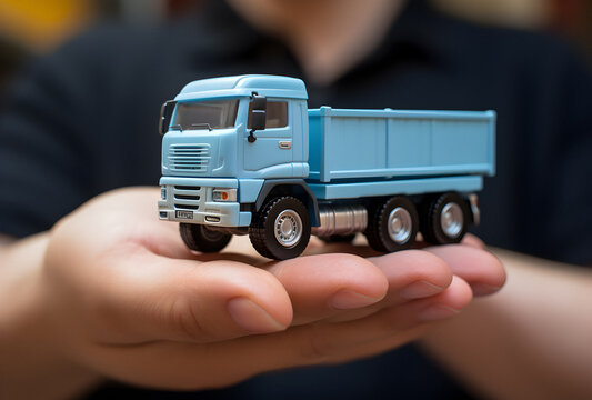 toy truck, hand Transport, logistics network distribution, container cargo, delivery truck miniature